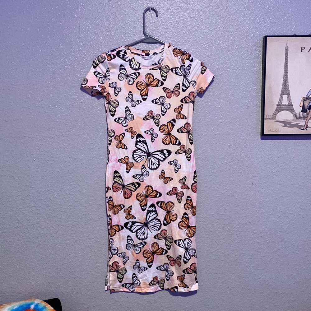 Girl’s butterfly & tie dye print slit hem dress